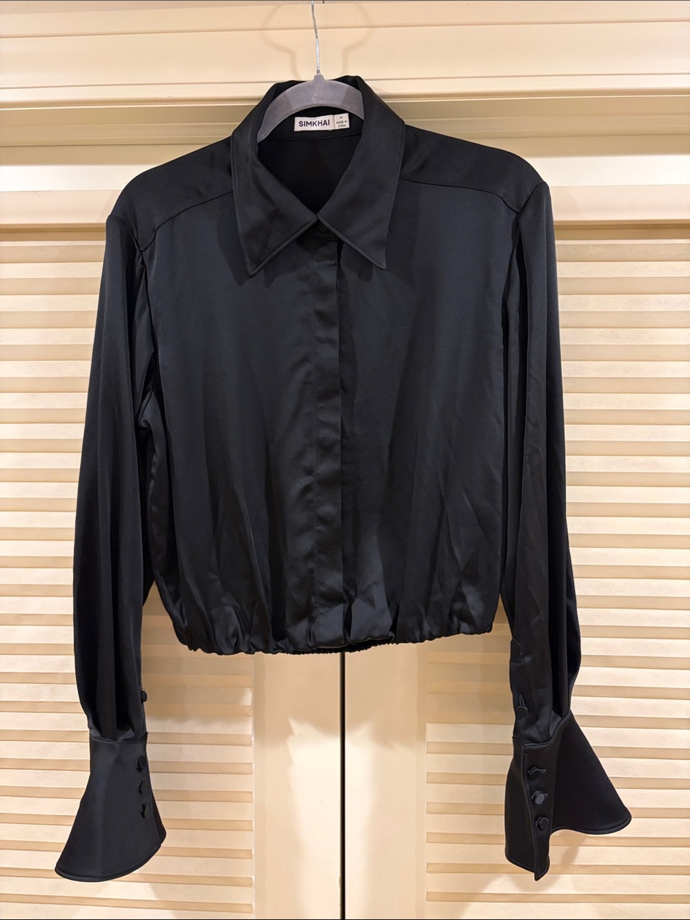 NWOT Simkhai Black Satin Button-Front Blouse, Size M
